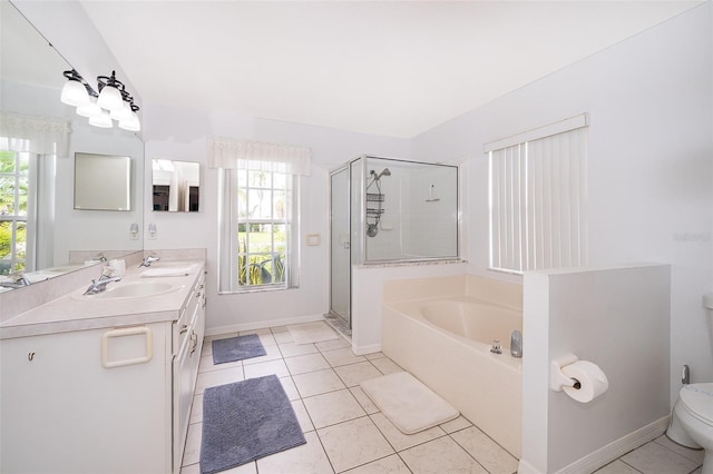 full bathroom with tile patterned floors, toilet, vanity, and plus walk in shower