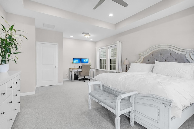 bedroom with light carpet and ceiling fan