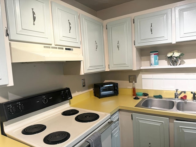 kitchen featuring white cabinets, sink, and white electric stove