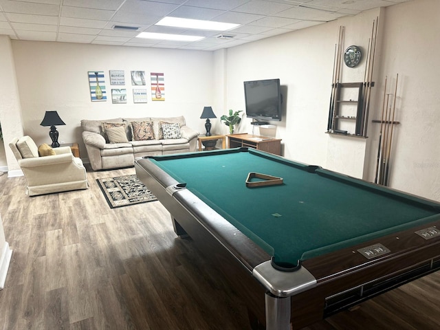 playroom featuring a paneled ceiling, wood-type flooring, and pool table