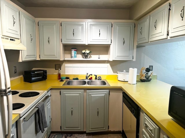 kitchen with stainless steel fridge, dishwashing machine, ventilation hood, white range with electric stovetop, and sink