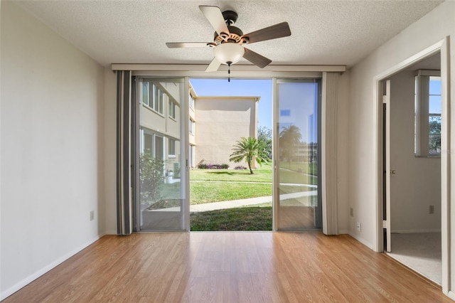 doorway to outside with floor to ceiling windows, a textured ceiling, light hardwood / wood-style flooring, and ceiling fan