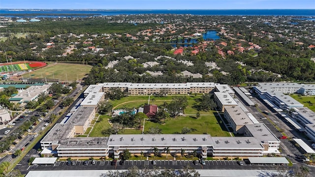 bird's eye view with a water view