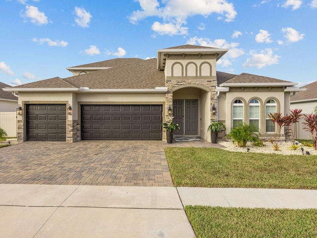 mediterranean / spanish home featuring decorative driveway, a garage, stone siding, and stucco siding