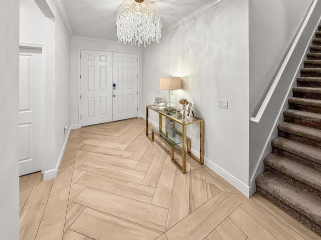 entryway with a chandelier, stairway, crown molding, and baseboards