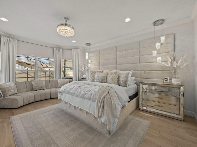 bedroom with recessed lighting, wood finished floors, and ornamental molding