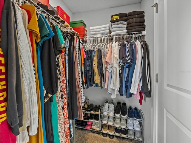 walk in closet with carpet flooring