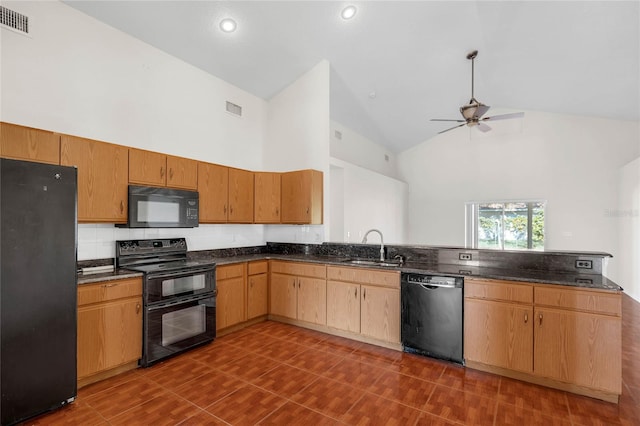 kitchen featuring kitchen peninsula, ceiling fan, sink, black appliances, and high vaulted ceiling