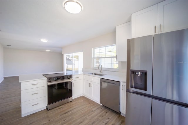 kitchen featuring kitchen peninsula, appliances with stainless steel finishes, light wood-type flooring, sink, and white cabinetry