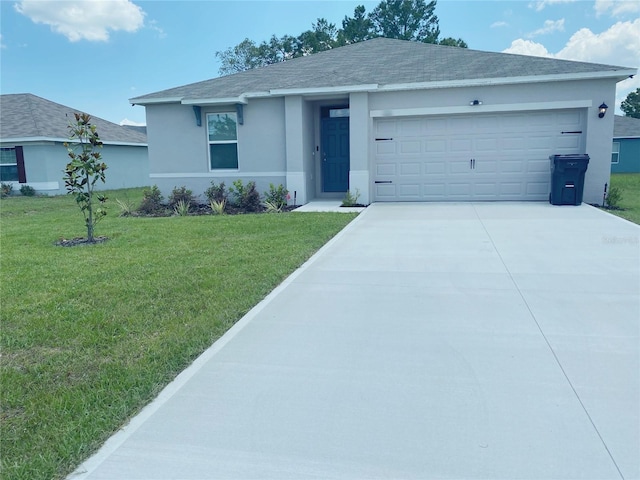 310 Gardenia Ct, Poinciana, FL 34759 - ranch-style house featuring concrete driveway, a garage, stucco siding, and a front lawn