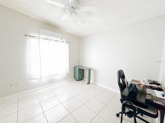 tiled home office featuring a wall mounted air conditioner, a textured ceiling, and ceiling fan