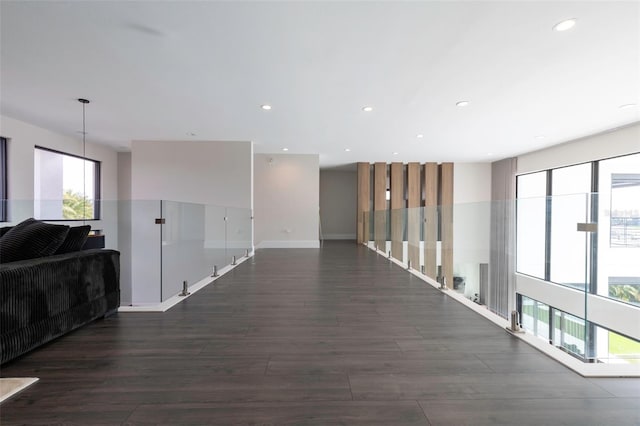 hall with plenty of natural light and dark hardwood / wood-style flooring