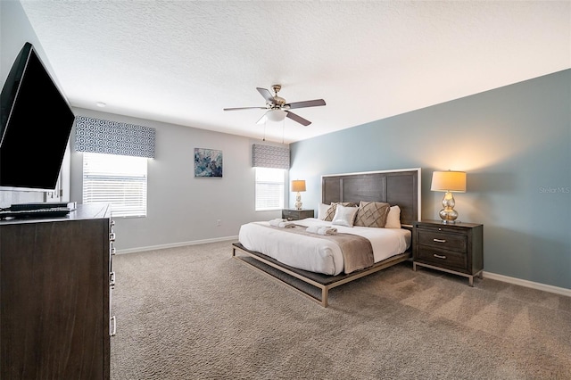 bedroom with ceiling fan, carpet flooring, multiple windows, and a textured ceiling