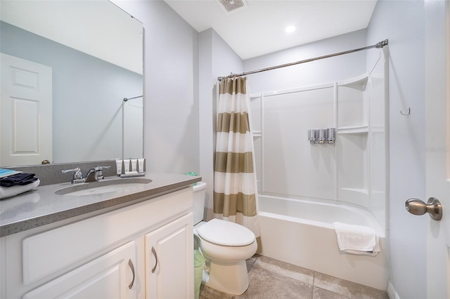 full bathroom with shower / tub combo, vanity, tile patterned flooring, and toilet