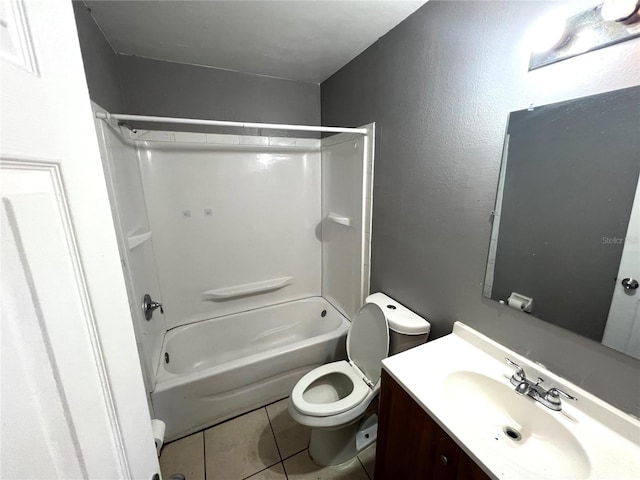 full bathroom with tile patterned flooring, vanity,  shower combination, and toilet