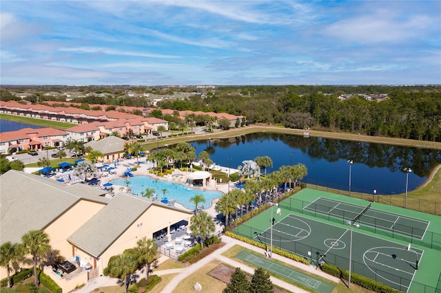 drone / aerial view with a water view