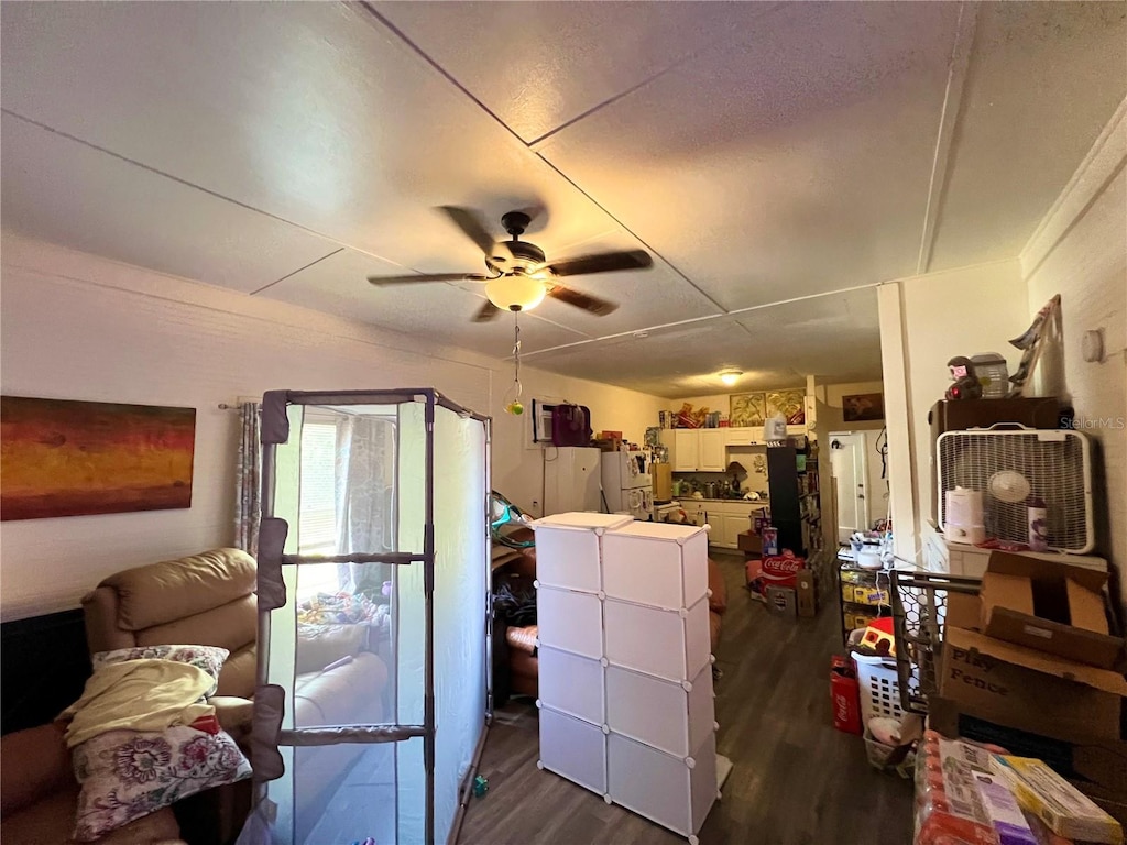 interior space with ceiling fan and dark hardwood / wood-style flooring