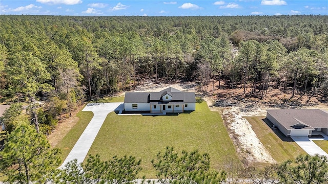 bird's eye view with a wooded view