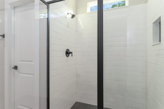 bathroom featuring a shower with door