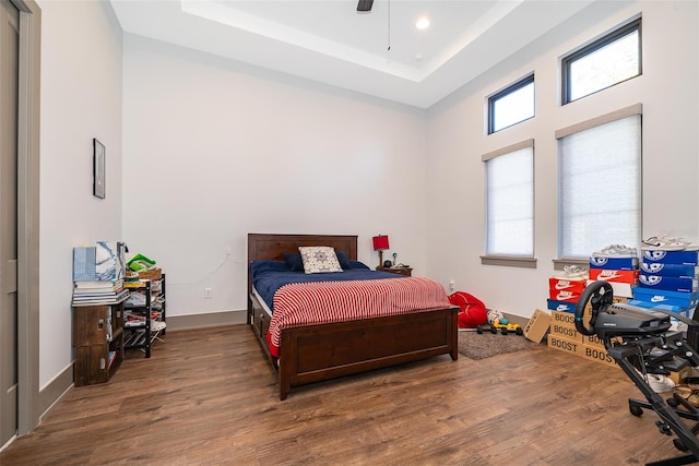 bedroom featuring a tray ceiling, multiple windows, and dark hardwood / wood-style floors