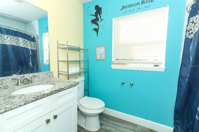 bathroom with vanity, hardwood / wood-style flooring, and toilet