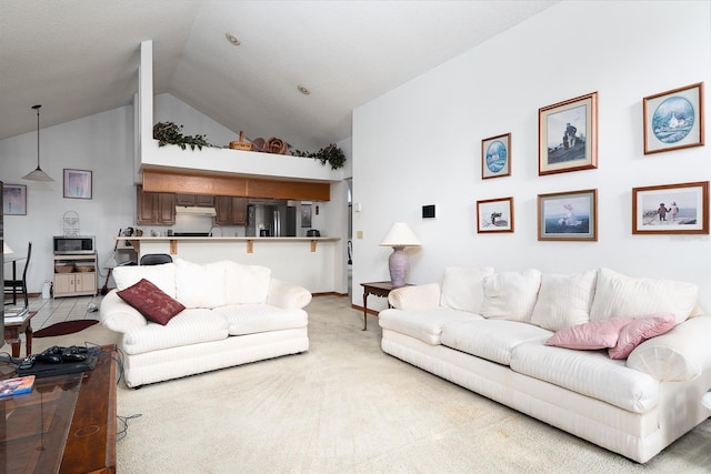 living room with light colored carpet and high vaulted ceiling