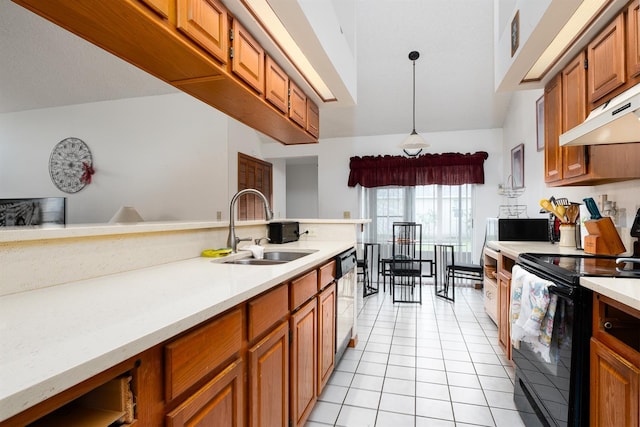 kitchen featuring sink, pendant lighting, light tile patterned floors, dishwasher, and black electric range