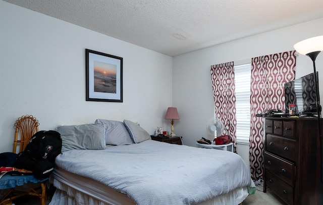 carpeted bedroom with a textured ceiling