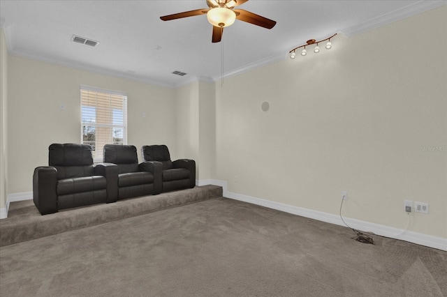 19206 Robertson St, Orlando, FL 32833 - carpeted home theater room featuring crown molding and a ceiling fan