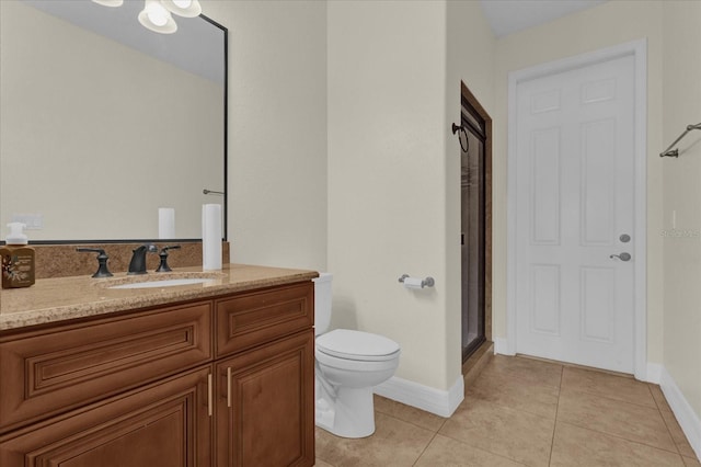 bathroom with tile patterned flooring, vanity, toilet, and an enclosed shower