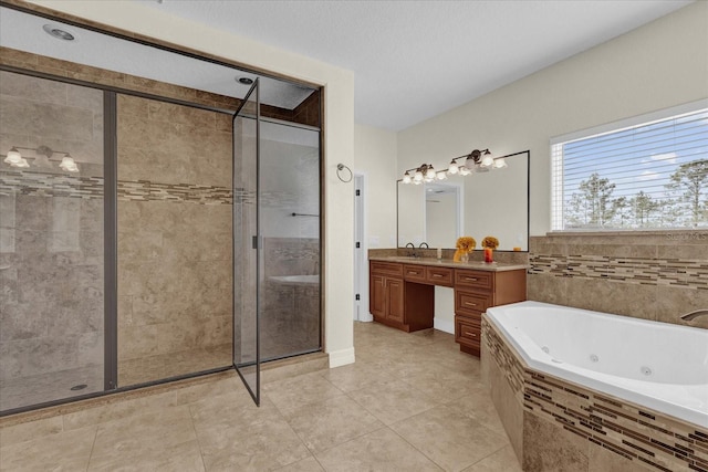 bathroom with separate shower and tub, tile patterned flooring, and vanity