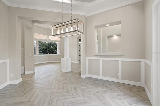 unfurnished dining area featuring a notable chandelier, ornamental molding, and light parquet floors