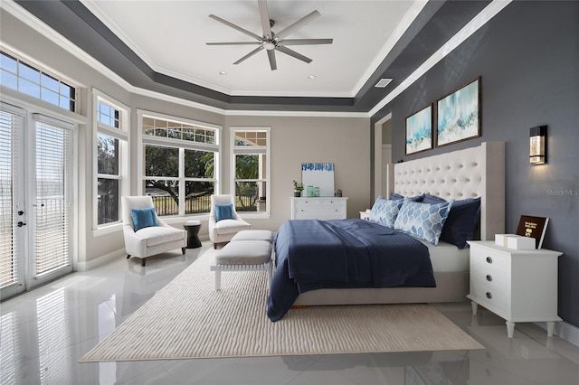 bedroom with access to exterior, a raised ceiling, ceiling fan, and ornamental molding