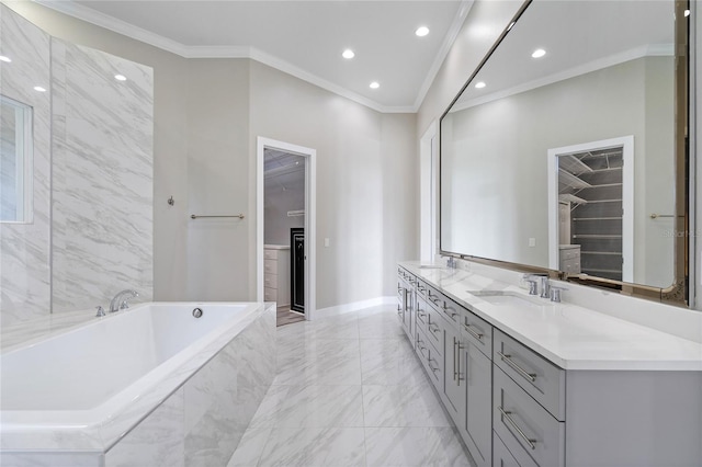 bathroom featuring vanity, a relaxing tiled tub, and crown molding