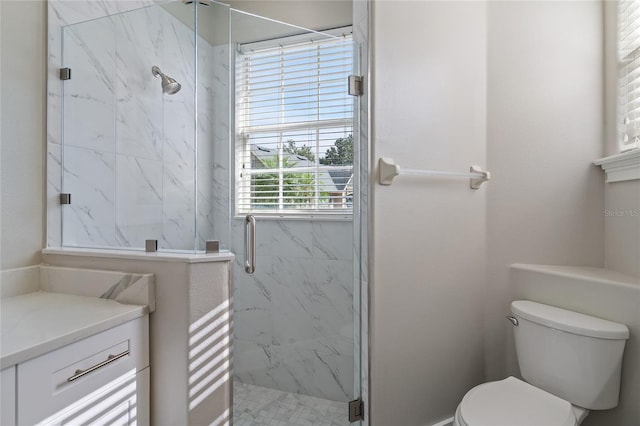 bathroom with a wealth of natural light, an enclosed shower, and toilet