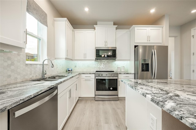 kitchen with sink, white cabinetry, stainless steel appliances, and tasteful backsplash