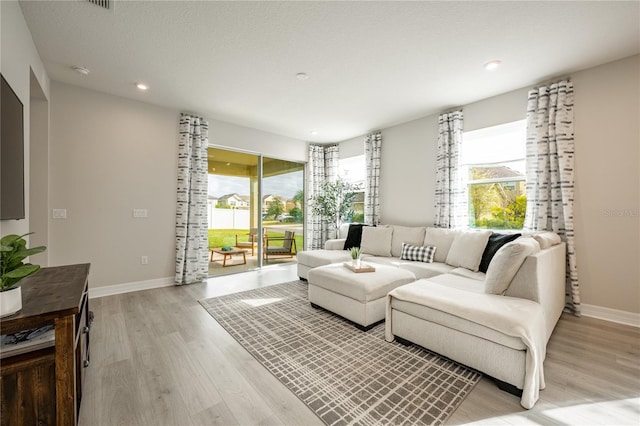 living room featuring light hardwood / wood-style floors and a textured ceiling