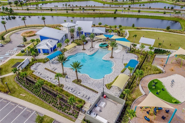 birds eye view of property featuring a water view