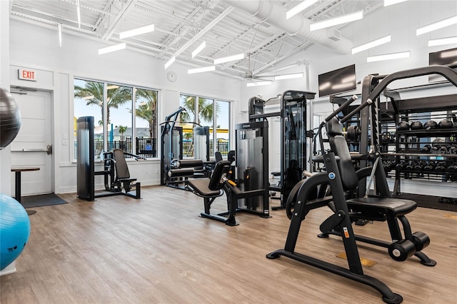 workout area with light hardwood / wood-style floors and a high ceiling