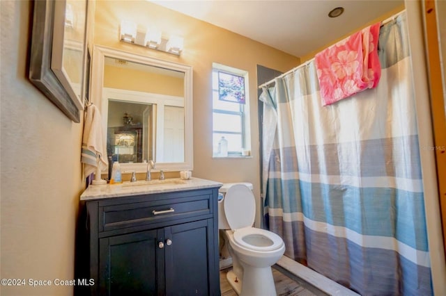 bathroom with vanity, wood-type flooring, and toilet