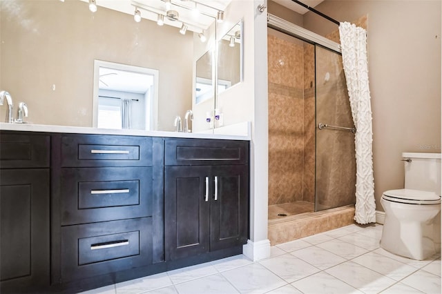 full bath featuring vanity, a shower stall, and toilet