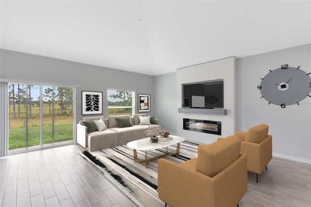 living room featuring a large fireplace and light hardwood / wood-style floors