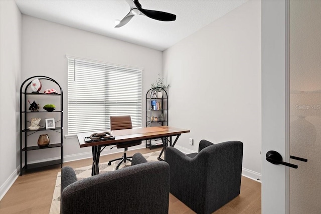 office space featuring light hardwood / wood-style floors and ceiling fan