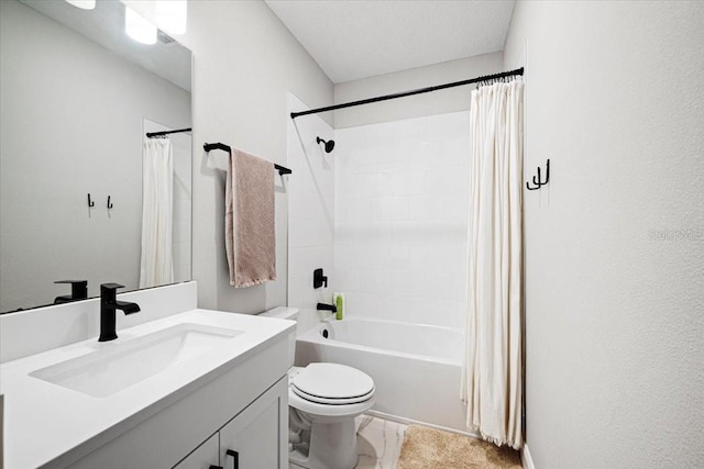 full bathroom with vanity, toilet, and shower / bathtub combination with curtain