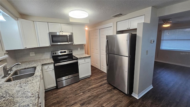 kitchen with sink, stainless steel appliances, dark hardwood / wood-style floors, backsplash, and white cabinets