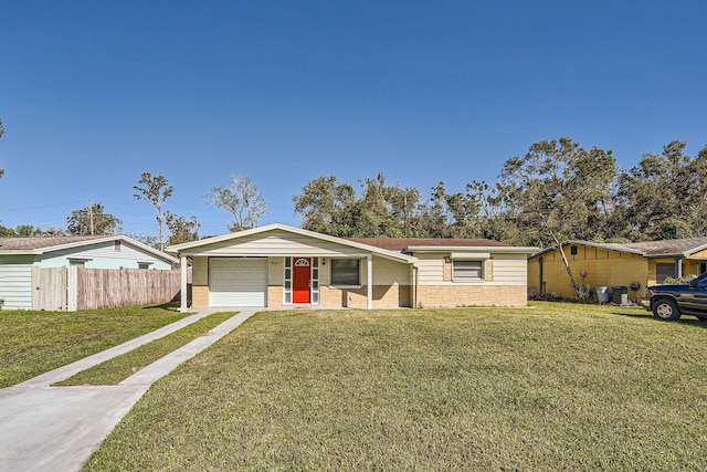 single story home featuring a garage, central AC unit, and a front lawn