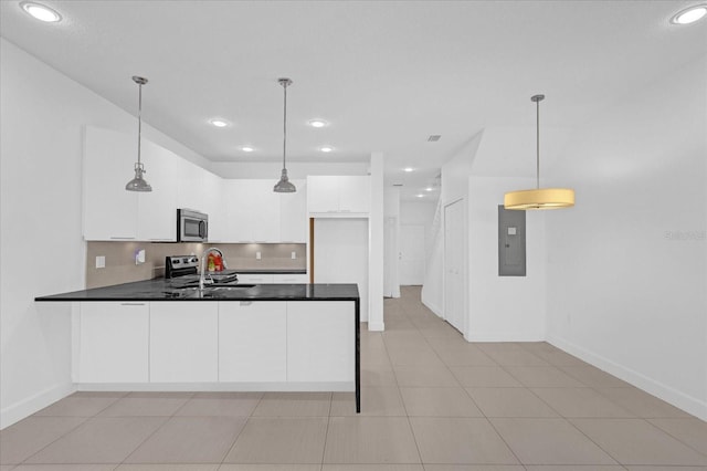 kitchen with kitchen peninsula, sink, decorative light fixtures, white cabinets, and electric panel