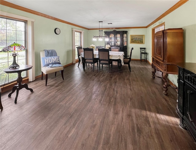 dining room featuring dark hardwood / wood-style flooring, crown molding, a healthy amount of sunlight, and a notable chandelier