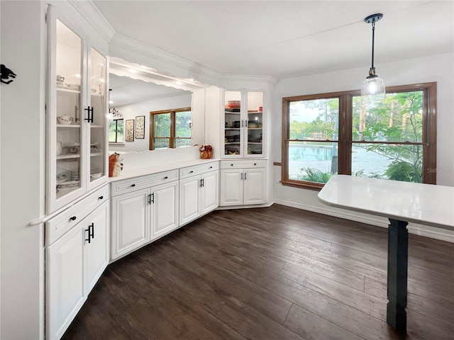 kitchen featuring white cabinetry, dark hardwood / wood-style flooring, a healthy amount of sunlight, and decorative light fixtures