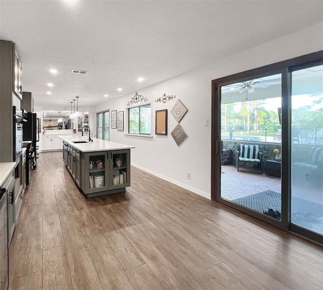 kitchen with hardwood / wood-style flooring, a center island with sink, plenty of natural light, and sink